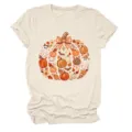 Detailed view of women's short sleeve t-shirt with cute autumn pumpkin graphic print design. - S / Tops / Sand