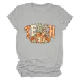 Close-up detail of the women grey short sleeve t-shirt featuring cute teach pumpkin graphic print. - S / Tops / Light Gray