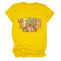 Dames casual gele korte mouw t-shirt met leuke leraar pompoen grafische print. - S / Tops / Geel