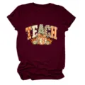 Dames herfst t-shirt korte mouw bordeaux casual top met pompoen teach afbeelding - S / Tops / Bordeauxrood