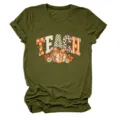 Vrouwen korte mouw t-shirt casual herfst teach pompoen grafisch ronde hals top kleding - S / Tops / Legergroen