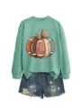 Women's cute autumn football pumpkin graphic mint green crewneck long sleeve sweatshirt. - S / Tops / Light Green