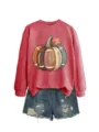Women Autumn Long Sleeve Sweatshirt Football Pumpkin Graphic Top with Denim Shorts - S / Tops / Red