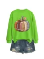 Women long sleeve green sweatshirt with football pumpkin print matched with blue denim shorts - S / Tops / Fluorescent Green