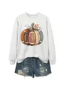 Close-up detail of the vintage football pumpkin graphic printed on a light grey crewneck sweatshirt. - S / Tops / Off-White