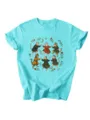 Vrouwen Casual Leuke Kat Bloem Maan Ster Print Korte Mouw T-Shirt Lichtblauw Top - S / Tops / Diep Waterblauw