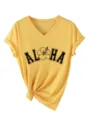 Dames casual V-hals korte mouw T-shirt met Aloha bloemenprint en knoop zoom geel - S / Tops / Geel