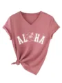 T-shirt femme col V manches courtes avec imprimé floral tendance et bas noué décontracté. - S / Hauts / Or Rose (Police Blanche)
