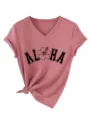 Femme t-shirt décontracté col V manches courtes rose haut imprimé ALOHA nœud bas. - S / Hauts / Or Rose (Police Noire)