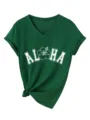 T-shirt femme vert à col V et manches courtes avec imprimé fleur Aloha et nœud chic. - S / Hauts / Vert Vintage