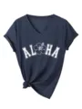 T-shirt femme décontracté col V manches courtes avec imprimé Aloha et nœud. - S / Hauts / Bleu Marine