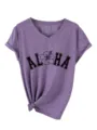T-shirt décontracté pour femme à col V et manches courtes avec imprimé Aloha et nœud. - S / Hauts / Violet
