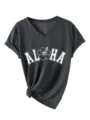 T-shirt femme col V manches courtes haut décontracté motif ALOHA avec un joli nœud. - S / Hauts / Gris Chiné Noir