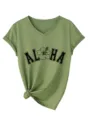 Vue détaillée du t-shirt femme vert olive à col en V, manches courtes et nœud élégant. - S / Hauts / Vert Olive (3812-Police Noire)