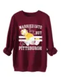 Women's fleece crewneck sweatshirt detailed view, burgundy thermal pullover with graphic print. - S / Tops / Burgundy