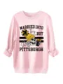 Casual pink crewneck sweatshirt featuring a graphic skull print and bold slogan design. - S / Tops / Pink