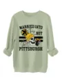 Sage green long sleeve crewneck sweatshirt with humorous skull print for casual wear. - S / Tops / Olive Green