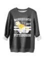 Detailed view of dark grey women's graphic sweatshirt featuring unique skull print and text. - S / Tops / Dark Gray
