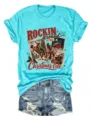 Γυναικείο τουρκουάζ κοντομάνικο t-shirt με vintage western χριστουγεννιάτικο σχέδιο print. - S / Tops / Κυανό