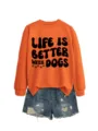 Bequemes orangenes Damen Sweatshirt mit niedlichem Hunde Liebhaber Schriftzug und langen Ärmeln. - S / Oberteile / Orange