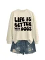 Lässiges Damen Langarm Sweatshirt mit Rundhalsausschnitt kombiniert mit stylischen Jeansshorts. - S / Oberteile / Sandfarben