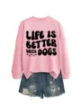 Rosa Rundhals Sweatshirt Detail, schwarzer Hunde Spruch Print, kombiniert mit Jeansshorts. - S / Oberteile / Rosa Sweatshirt (Schwarze Schrift)