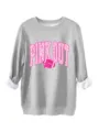 Detailed view of women's thick warm pink out football graphic grey crewneck sweatshirt. - S / Tops / Light Gray