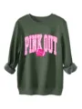 Detailed view of the dark green thick fleece pullover with pink polka dot letter graphic. - S / Tops / Army Green