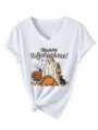 Casual dames V-hals korte mouw T-shirt met grappige vakantie grafische print en knoop. - S / Tops / Wit