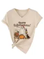 Casual V-hals t-shirt met korte mouwen, grappige feestdagengrafiek en stijlvolle knoop aan zijkant. - S / Tops / Zandkleur