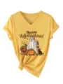Dames v-hals korte mouw geel t-shirt met grappige vakantie grafische knoop zoom top - S / Tops / Geel