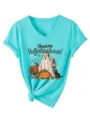 Dames V-Hals Korte Mouw T-Shirt Casual Grappig Hallothankmas Grafisch Print Top - S / Tops / Diep Waterblauw