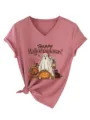 Stijlvolle dames casual V-hals korte mouw T-shirt met vakantieprint en strikknoop. - Roségoud