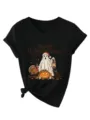 Gedetailleerd overzicht van het zwarte T-shirt met V-hals en grappige spook vakantie graphic. - Zwart