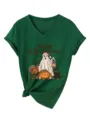 Gedetailleerd overzicht van een groen V-hals t-shirt met korte mouwen en feestprint. - Vintage Groen