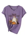 Casual paars V-hals korte mouw grafisch t-shirt met leuke feestdagencollage print voor dames. - Paars