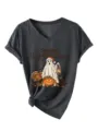 Donkergrijs V-hals t-shirt met korte mouwen, feestelijk grafisch motief en geknoopte zoom. - Zwartgrijs Gemêleerd