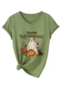 Casual dames V-hals korte mouw T-shirt met feestelijke grafische print en knoopdetail. - Olijfgroen