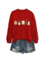 felpa girocollo rossa a maniche lunghe con stampa di articoli d'arte kawaii per donna - Taglia S / Top / Rosso
