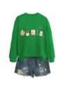 Stampa di cancelleria d'arte carina su felpa verde a maniche lunghe e pantaloncini. - Taglia S / Top / Verde erba