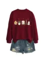 Felpa girocollo a maniche lunghe con stampa di articoli d'arte carini da donna con pantaloncini - Taglia S / Top / Borgogna