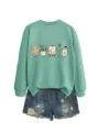 Felpa girocollo a maniche lunghe con stampa di articoli d'arte e pantaloncini di jeans da donna. - Taglia S / Top / Verde chiaro