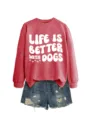 Damen Roter Buchstabe Gedruckt Rundhals Sweatshirt und Denim Jeansshorts Outfit Set - S / Oberteile / Rot (Weiße Beschriftung)