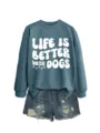 Lässiger Damen Langarm-Sweatshirt mit Hundespruch kombiniert mit modischen Jeansshorts. - S / Oberteile / Blau (Weiße Schrift)