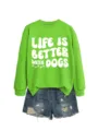 Grüner Damen Sweatshirt mit Buchstabenprint kombiniert mit Destroyed-Denim-Shorts. - S / Oberteile / Fluoreszierendes Grün (Weiße Schrift)