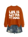Oranger Damen Sweatshirt kombiniert mit Destroyed Jeansshorts Freizeit Outfit Set für Alltag - S / Oberteile / Gebranntes Orange (Weiße Schrift)