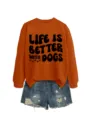 Damen süßer Langarm Pullover mit Hundeprint kombiniert mit Jeansshorts für den Alltag. - S / Oberteile / Gebranntes Orange (Schwarze Schrift)