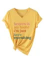 Camiseta casual de mujer con cuello en V y manga corta, estampado de letras y dobladillo nudo. - S / Tops / Amarillo (3812)