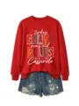 Sweat-shirt rouge pour femme avec imprimé graphique Thanksgiving et short en jean - S / Hauts / Rouge (Impression Blanche)