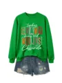 Sweat-shirt à manches longues vert imprimé de lettres Thanksgiving et short en jean - S / Hauts / Vert Herbe (Impression Blanche)
